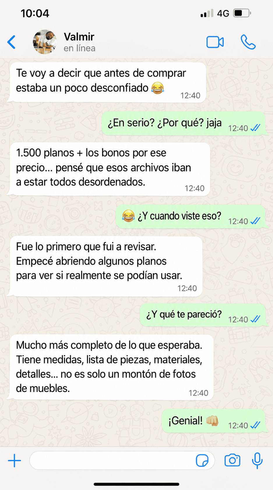 Testimonio de WhatsApp de Valmir sobre los proyectos de carpintería