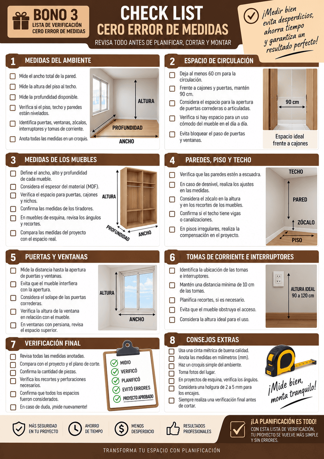 Lista de verificación sin errores de medidas para carpintería