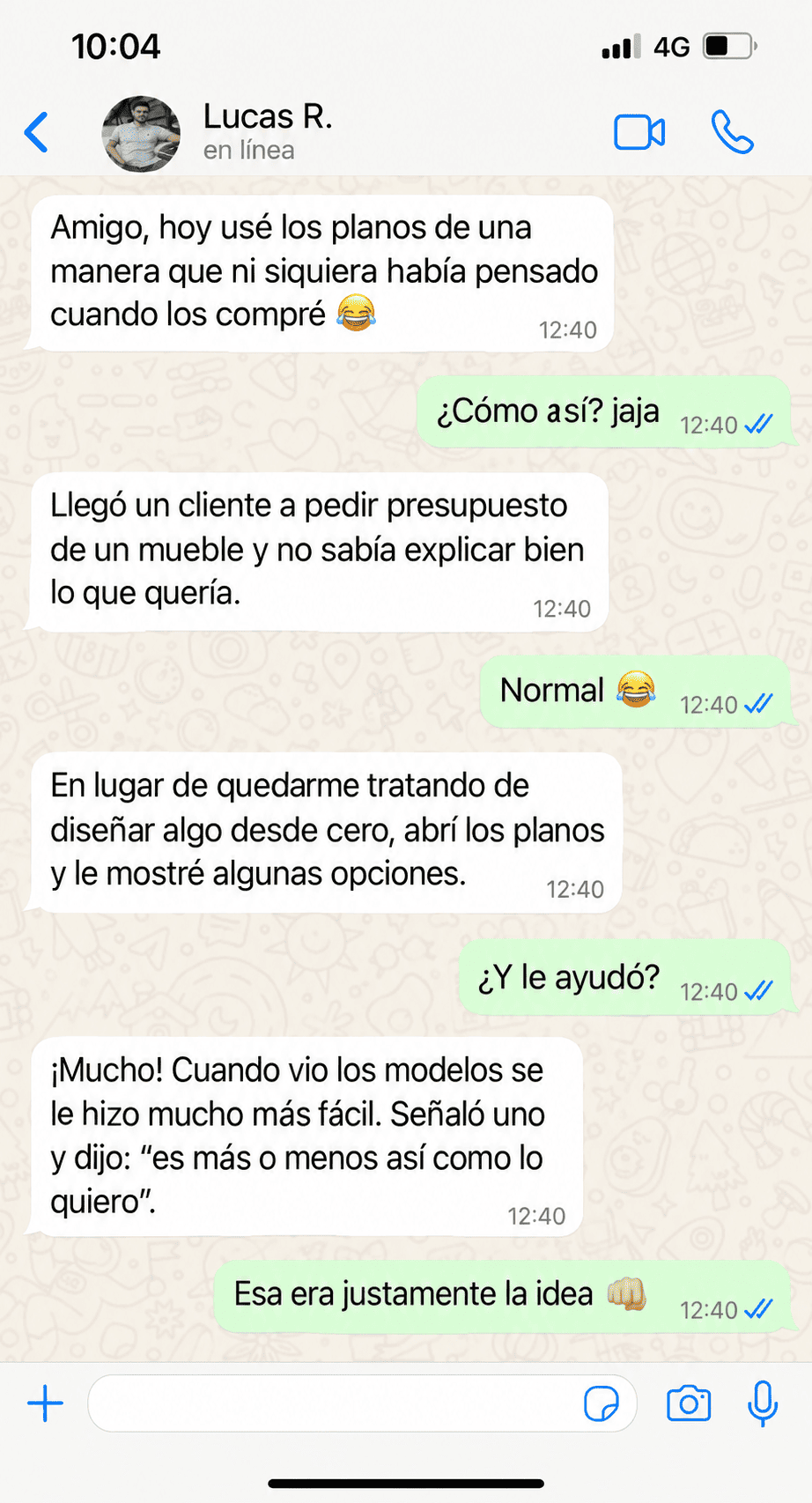 Testimonio de WhatsApp de Lucas R. sobre los proyectos de carpintería