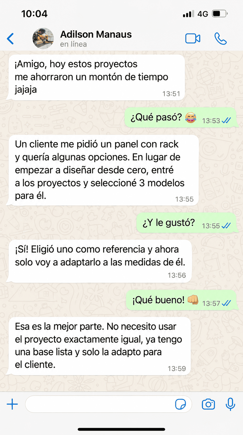 Testimonio de WhatsApp de Adilson Manaus sobre los proyectos de carpintería