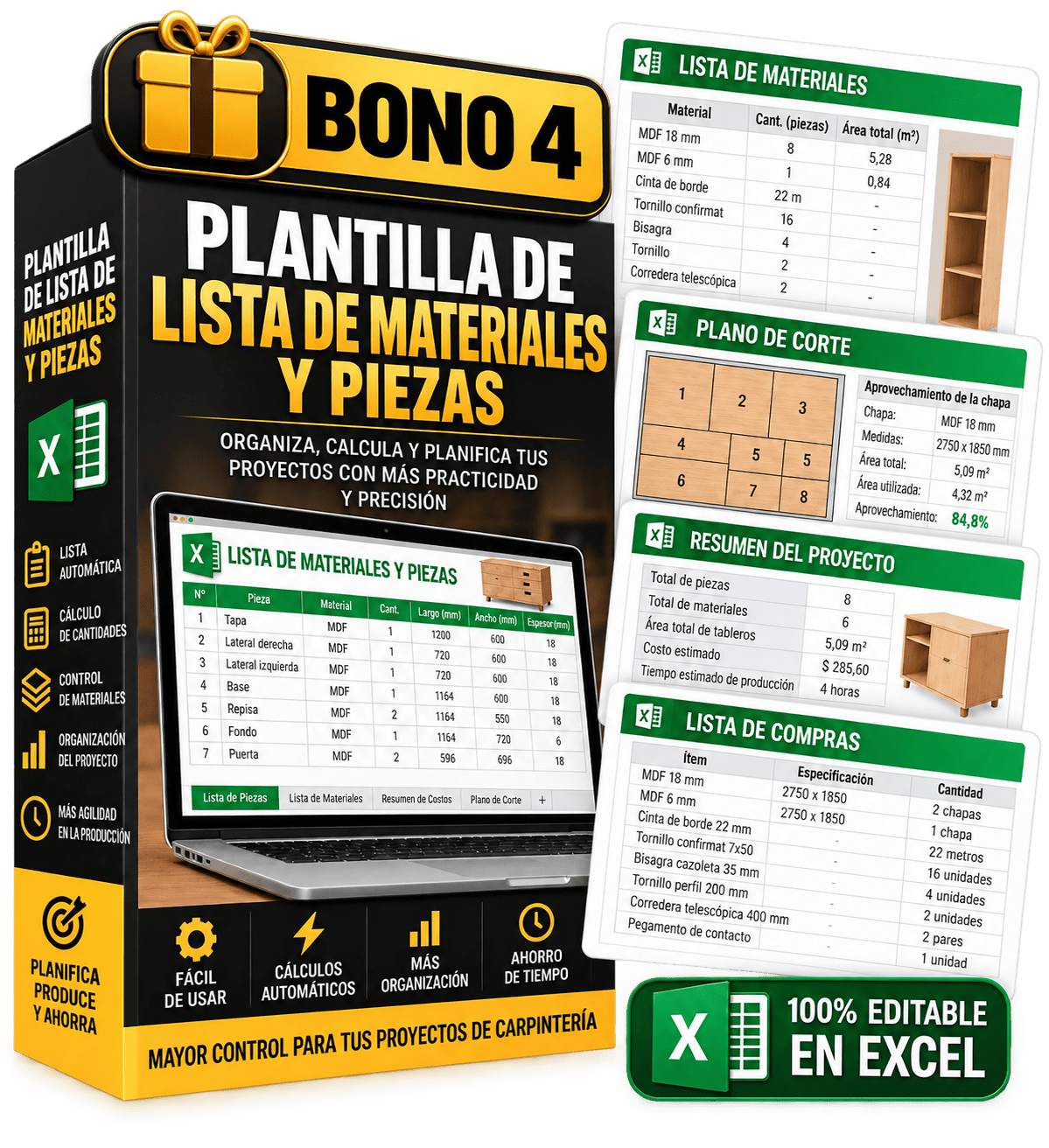 Presentación del Bono 4: Hoja de cálculo de materiales y piezas 
