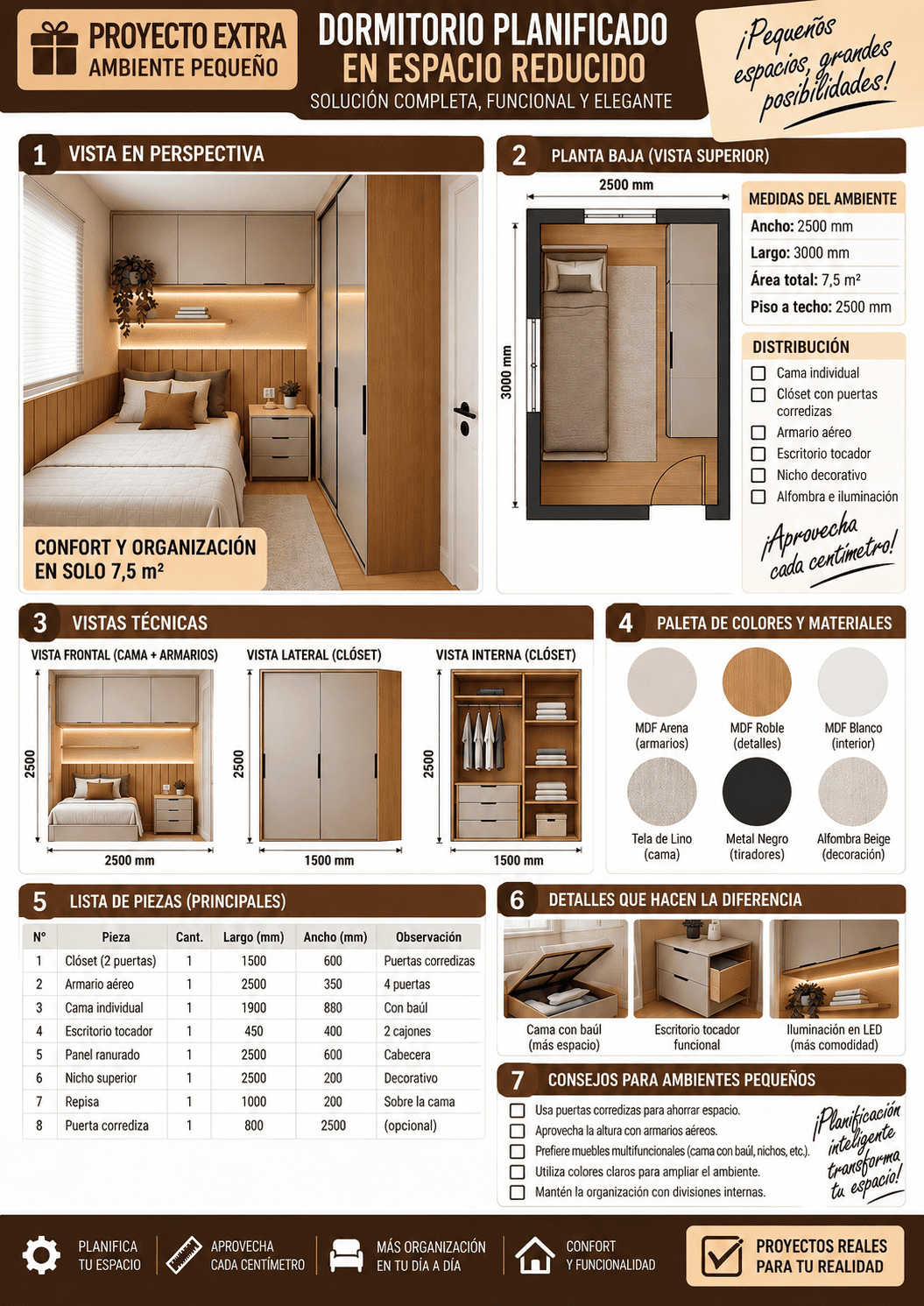 Dormitorio planificado en un espacio de 7,5 m²