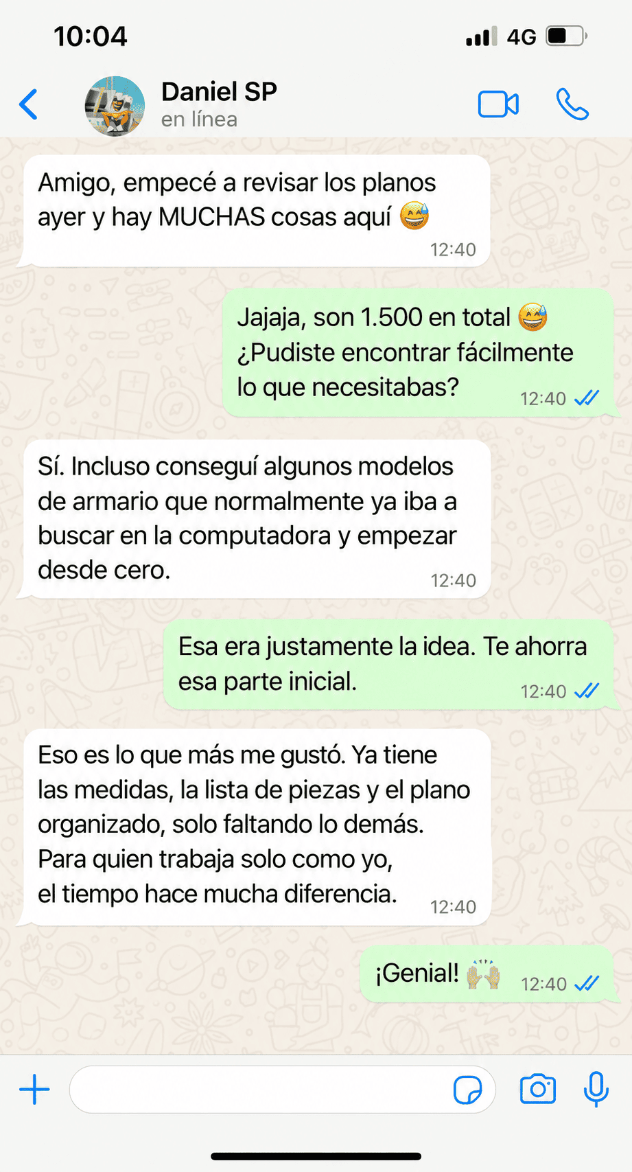 Testimonio de WhatsApp de Daniel SP sobre los proyectos de carpintería