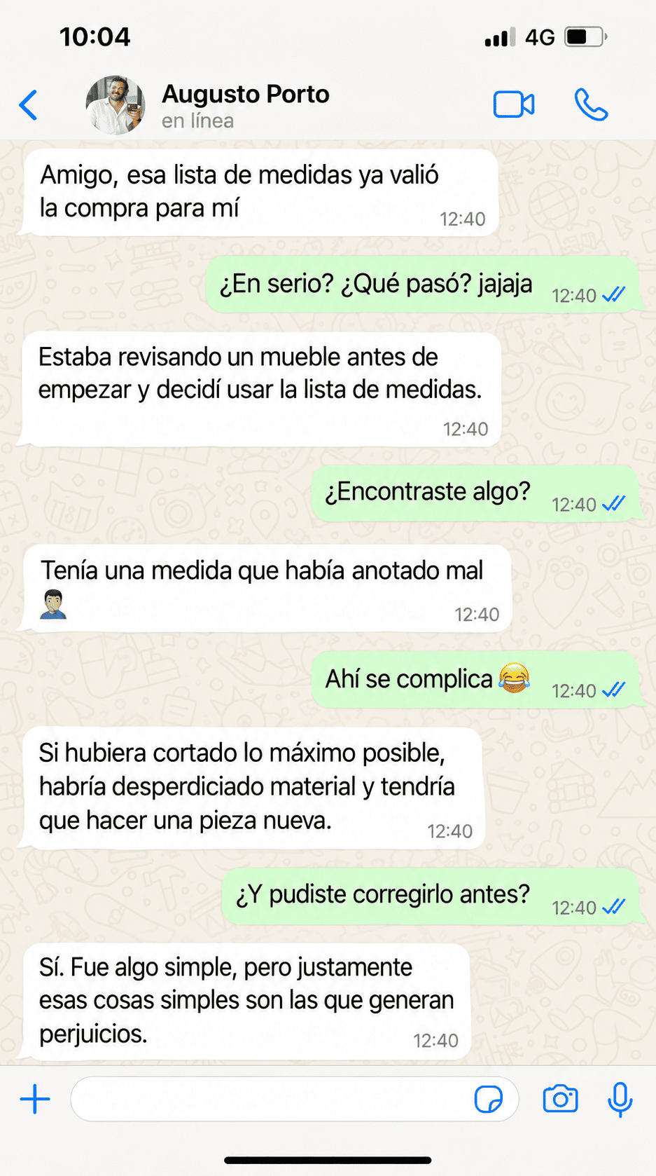 Testimonio de WhatsApp de Augusto Porto sobre los proyectos de carpintería