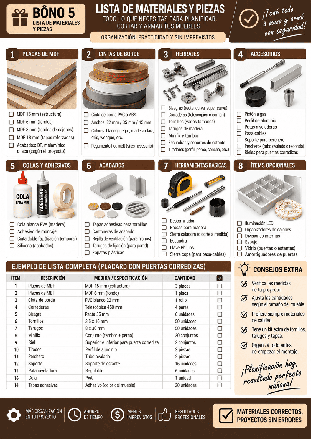 Lista completa de materiales y piezas para muebles